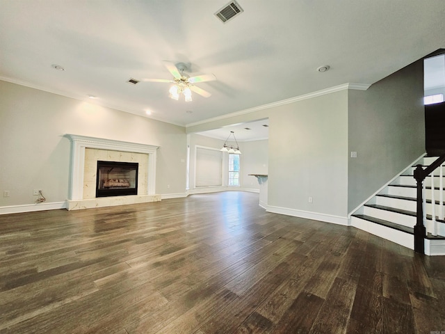158 Calais, Maumelle, AR 72113 - unfurnished living room featuring ceiling fan, a premium fireplace, wood finished floors, crown molding, and stairs