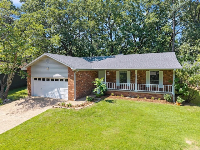 12611 Timber Bend Dr, Little Rock, AR 72211 - ranch-style home featuring a garage, brick siding, covered porch, and a front yard