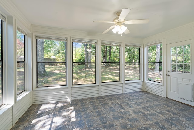 12611 Timber Bend Dr, Little Rock, AR 72211 - unfurnished sunroom featuring a ceiling fan and stone finish floors