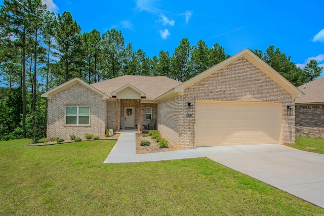 18508 Parkway Pines Dr, Bauxite, AR 72011 - ranch-style house featuring a garage, brick siding, concrete driveway, and a front lawn