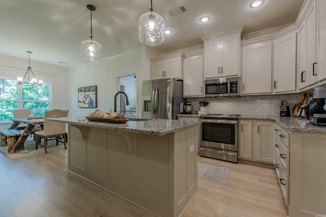 18508 Parkway Pines Dr, Bauxite, AR 72011 - kitchen featuring stainless steel appliances, light wood-style flooring, decorative backsplash, ornamental molding, and light stone countertops