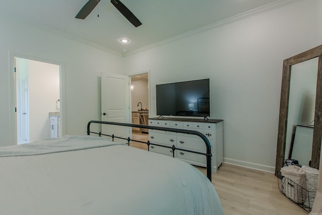 18508 Parkway Pines Dr, Bauxite, AR 72011 - bedroom with light wood finished floors, crown molding, a ceiling fan, and recessed lighting