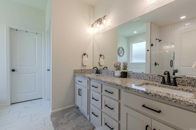 18508 Parkway Pines Dr, Bauxite, AR 72011 - bathroom featuring double vanity, a stall shower, and marble look tiles