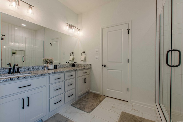 18508 Parkway Pines Dr, Bauxite, AR 72011 - bathroom featuring double vanity, a stall shower, and marble finish floors