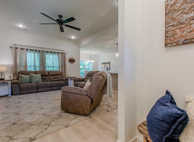 18508 Parkway Pines Dr, Bauxite, AR 72011 - living room with wood finished floors, ceiling fan, crown molding, a chandelier, and recessed lighting