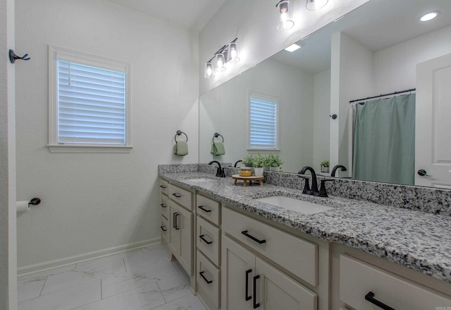 18508 Parkway Pines Dr, Bauxite, AR 72011 - full bathroom with marble finish flooring, double vanity, and a shower with shower curtain