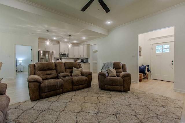 18508 Parkway Pines Dr, Bauxite, AR 72011 - living area with ornamental molding, ceiling fan, light wood-style flooring, and recessed lighting