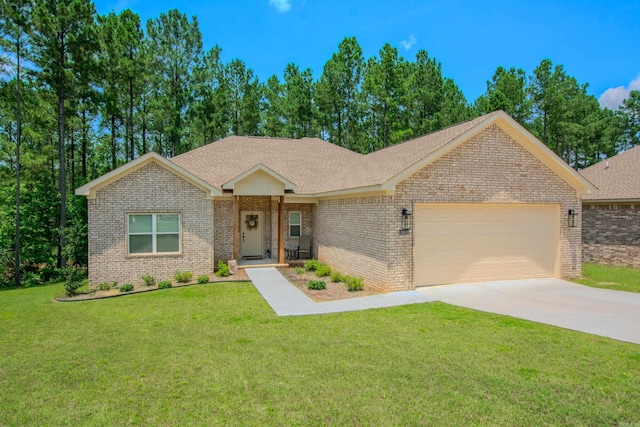 18508 Parkway Pines Dr, Bauxite, AR 72011 - ranch-style home with a garage, brick siding, concrete driveway, and a front yard