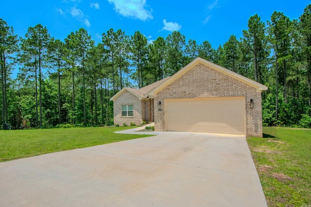 18508 Parkway Pines Dr, Bauxite, AR 72011 - view of front of property with a garage, brick siding, driveway, and a front lawn