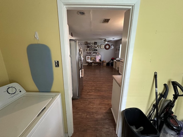 207 Byron St, Beebe, AR 72012 - laundry room with washer / dryer, dark wood-type flooring, and ceiling fan