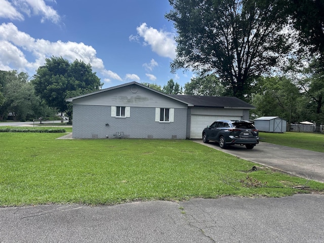207 Byron St, Beebe, AR 72012 - view of side of property featuring an attached garage, concrete driveway, crawl space, a lawn, and brick siding