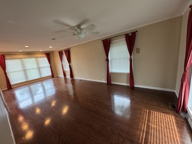 2025 Fairway St, Stuttgart, AR 72160 - empty room with crown molding, a ceiling fan, wood finished floors, and recessed lighting