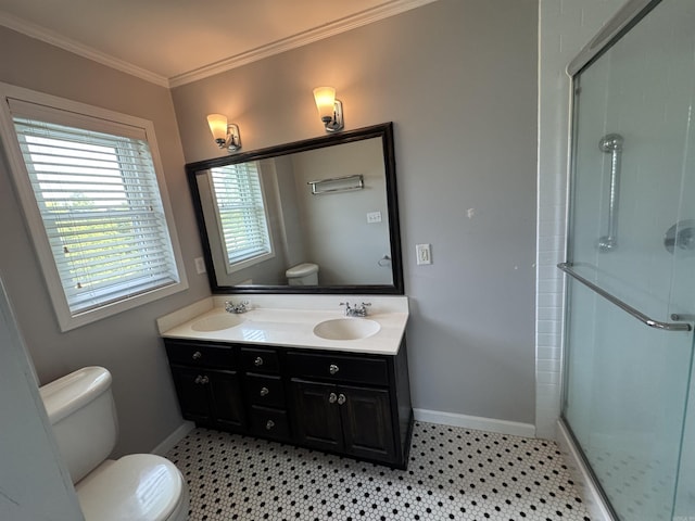 2025 Fairway St, Stuttgart, AR 72160 - full bath with a stall shower, crown molding, double vanity, and tile patterned floors