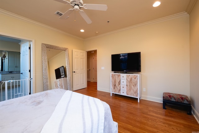 100 Vallon Ln, Little Rock, AR 72223 - bedroom with ornamental molding, wood finished floors, recessed lighting, and a ceiling fan