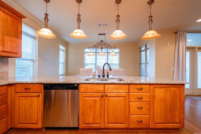 100 Vallon Ln, Little Rock, AR 72223 - kitchen with stainless steel dishwasher, crown molding, wood finished floors, hanging light fixtures, and light stone countertops