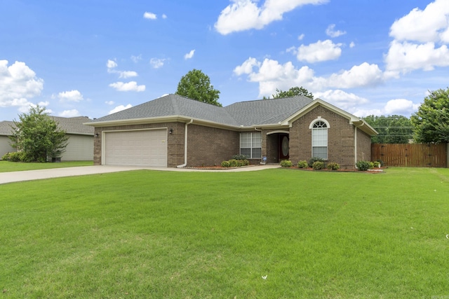 ranch-style home with an attached garage, driveway, brick siding, and roof with shingles