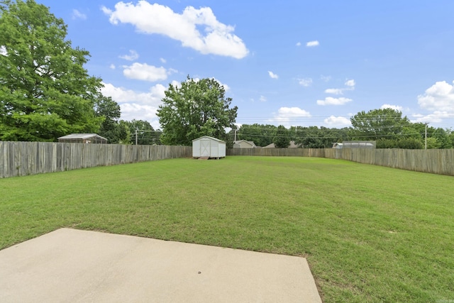 fenced backyard with a storage unit and a patio area