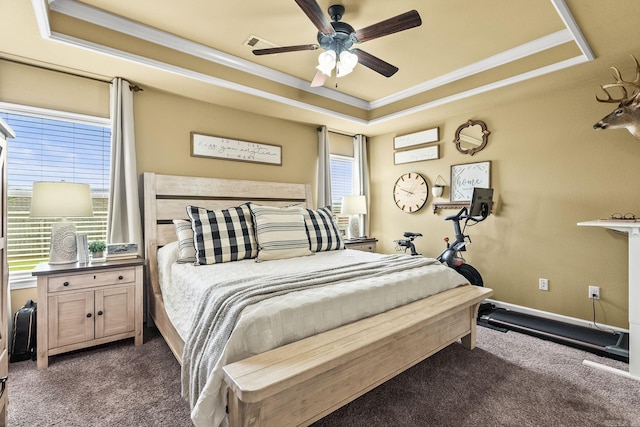 27 Magnolia Ln, Ward, AR 72176 - bedroom with a raised ceiling, dark colored carpet, crown molding, and a ceiling fan