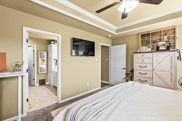27 Magnolia Ln, Ward, AR 72176 - tiled bedroom featuring ornamental molding, carpet flooring, ceiling fan, ensuite bathroom, and a raised ceiling