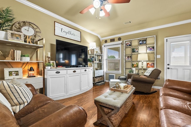 27 Magnolia Ln, Ward, AR 72176 - living room with ceiling fan, wood finished floors, ornamental molding, and lofted ceiling
