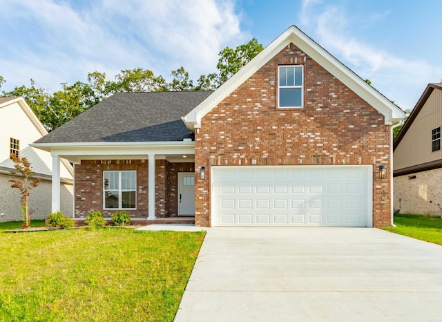 view of front facade featuring brick siding, driveway, a front lawn, and a garage