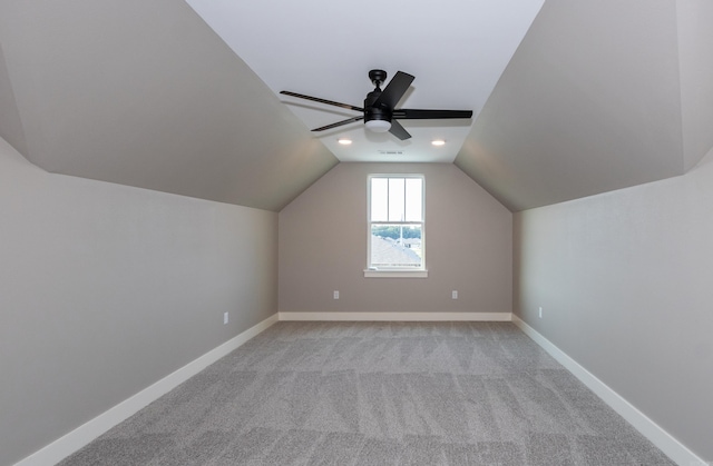 bonus room featuring light colored carpet, a ceiling fan, vaulted ceiling, and recessed lighting