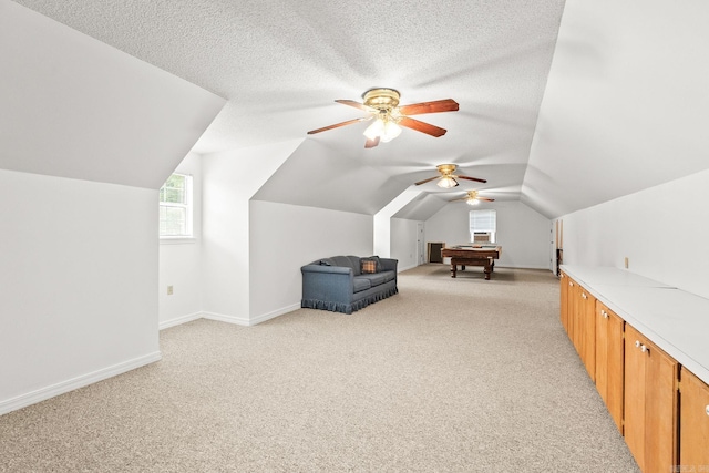 114 Woodiel Cir, Cabot, AR 72023 - bonus room featuring light colored carpet, lofted ceiling, ceiling fan, a textured ceiling, and billiards table