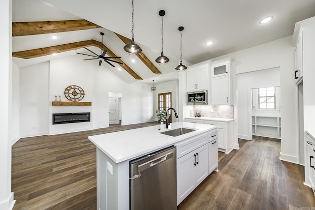 19 Denali Dr, Cabot, AR 72023 - kitchen featuring stainless steel appliances, white cabinets, recessed lighting, open floor plan, and dark wood-type flooring