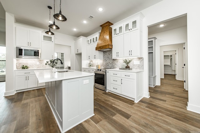 19 Denali Dr, Cabot, AR 72023 - kitchen featuring appliances with stainless steel finishes, custom exhaust hood, decorative backsplash, light countertops, and recessed lighting