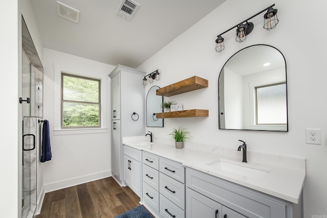19 Denali Dr, Cabot, AR 72023 - bathroom featuring double vanity, wood finished floors, and a shower stall