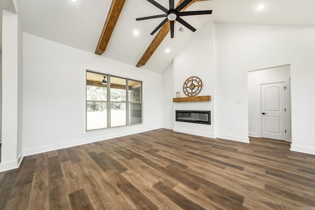 19 Denali Dr, Cabot, AR 72023 - unfurnished living room featuring ceiling fan, high vaulted ceiling, recessed lighting, a glass covered fireplace, and dark wood-style flooring