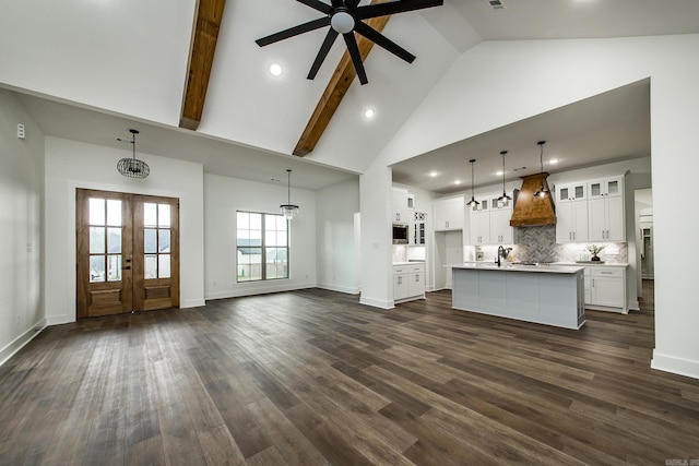 19 Denali Dr, Cabot, AR 72023 - unfurnished living room featuring high vaulted ceiling, ceiling fan, dark wood-style floors, french doors, and recessed lighting