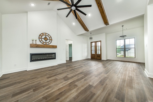 19 Denali Dr, Cabot, AR 72023 - unfurnished living room featuring a glass covered fireplace, ceiling fan, high vaulted ceiling, dark wood finished floors, and recessed lighting