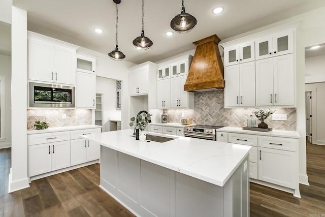 19 Denali Dr, Cabot, AR 72023 - kitchen with custom exhaust hood, stainless steel appliances, backsplash, dark wood-style floors, and recessed lighting