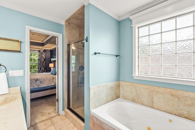 181 Diamond Pointe Dr, Maumelle, AR 72113 - full bath featuring connected bathroom, crown molding, a jetted tub, a stall shower, and tile patterned flooring