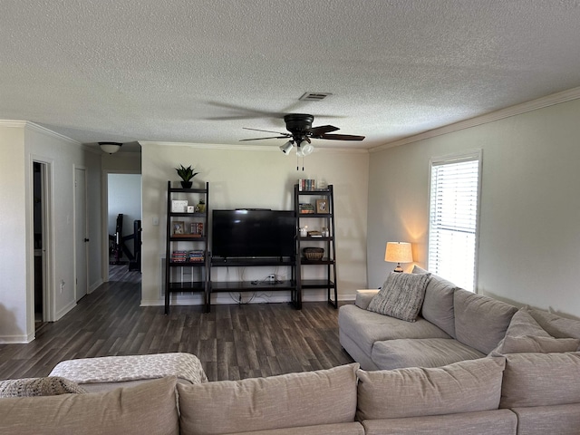 497 Law 611, Walnut Ridge, AR 72476 - living area with ornamental molding, dark wood-style floors, a ceiling fan, and a textured ceiling
