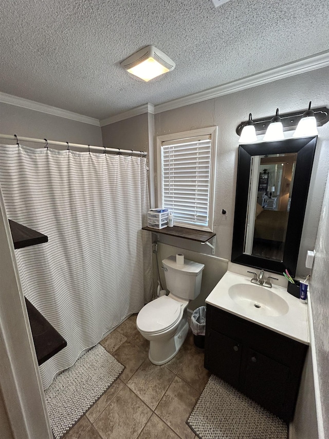 497 Law 611, Walnut Ridge, AR 72476 - bathroom with ornamental molding, vanity, a textured ceiling, tile patterned flooring, and curtained shower