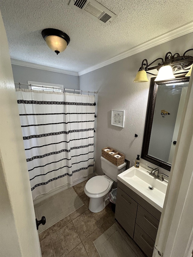 497 Law 611, Walnut Ridge, AR 72476 - full bath with crown molding, vanity, a textured ceiling, a shower with shower curtain, and tile patterned flooring