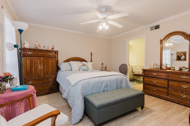 1304 Winbourne Dr, North Little Rock, AR 72116 - bedroom featuring light wood-style floors, crown molding, ceiling fan, and ensuite bath