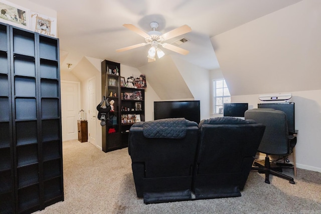 1304 Winbourne Dr, North Little Rock, AR 72116 - carpeted living room featuring a ceiling fan, a desk, and vaulted ceiling