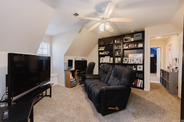 1304 Winbourne Dr, North Little Rock, AR 72116 - carpeted living area featuring vaulted ceiling and a ceiling fan