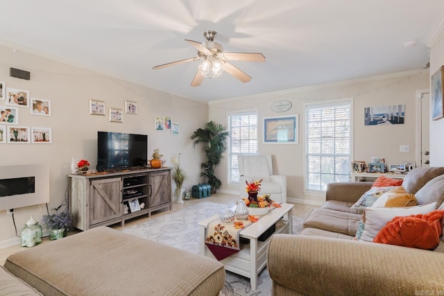 1304 Winbourne Dr, North Little Rock, AR 72116 - living room featuring crown molding and a ceiling fan