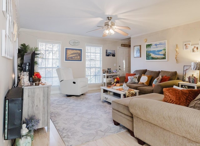 1304 Winbourne Dr, North Little Rock, AR 72116 - living room featuring ornamental molding, a ceiling fan, healthy amount of natural light, and light wood-type flooring