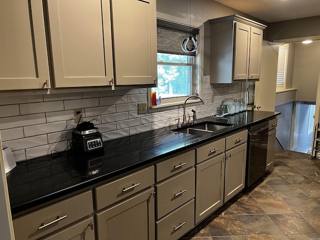 39 Dike View Dr, Heber Springs, AR 72543 - kitchen with dishwasher, dark countertops, tasteful backsplash, dark stone finish floors, and gray cabinets