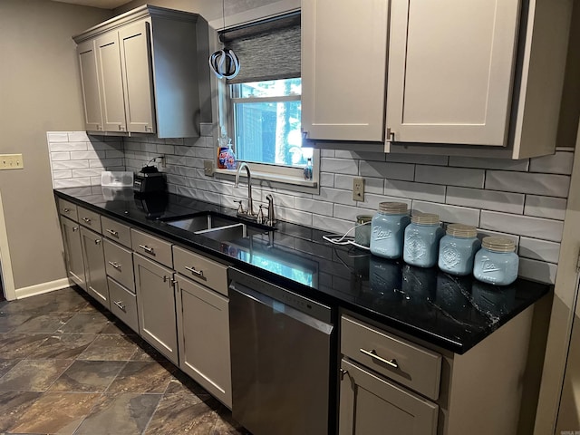 39 Dike View Dr, Heber Springs, AR 72543 - kitchen with dishwasher, dark countertops, decorative backsplash, gray cabinetry, and dark stone finish flooring