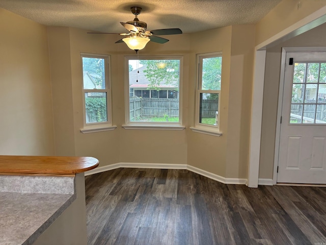 112 Sugar Maple Dr, Sherwood, AR 72120 - unfurnished dining area featuring dark wood-style flooring, healthy amount of natural light, a ceiling fan, and a textured ceiling
