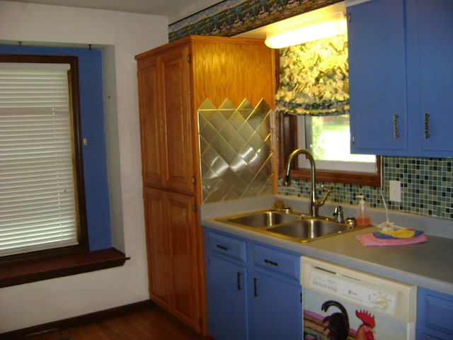 405 Fairway Dr, Horseshoe Bend, AR 72512 - kitchen featuring dishwasher, blue cabinets, light countertops, and backsplash