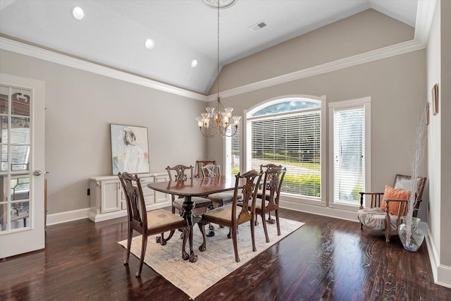 15355 Pleasant Grove Ln, Harrisburg, AR 72432 - dining room featuring vaulted ceiling, dark wood-style flooring, healthy amount of natural light, a chandelier, and recessed lighting