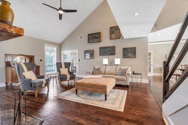 15355 Pleasant Grove Ln, Harrisburg, AR 72432 - living area featuring stairway, a ceiling fan, high vaulted ceiling, wood-type flooring, and recessed lighting