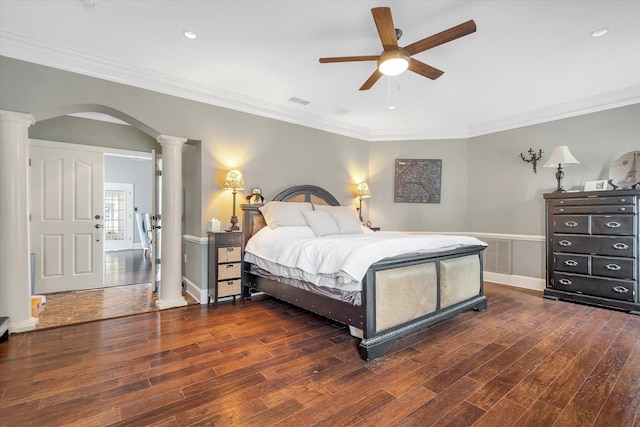 15355 Pleasant Grove Ln, Harrisburg, AR 72432 - bedroom featuring decorative columns, arched walkways, wood finished floors, ornamental molding, and recessed lighting